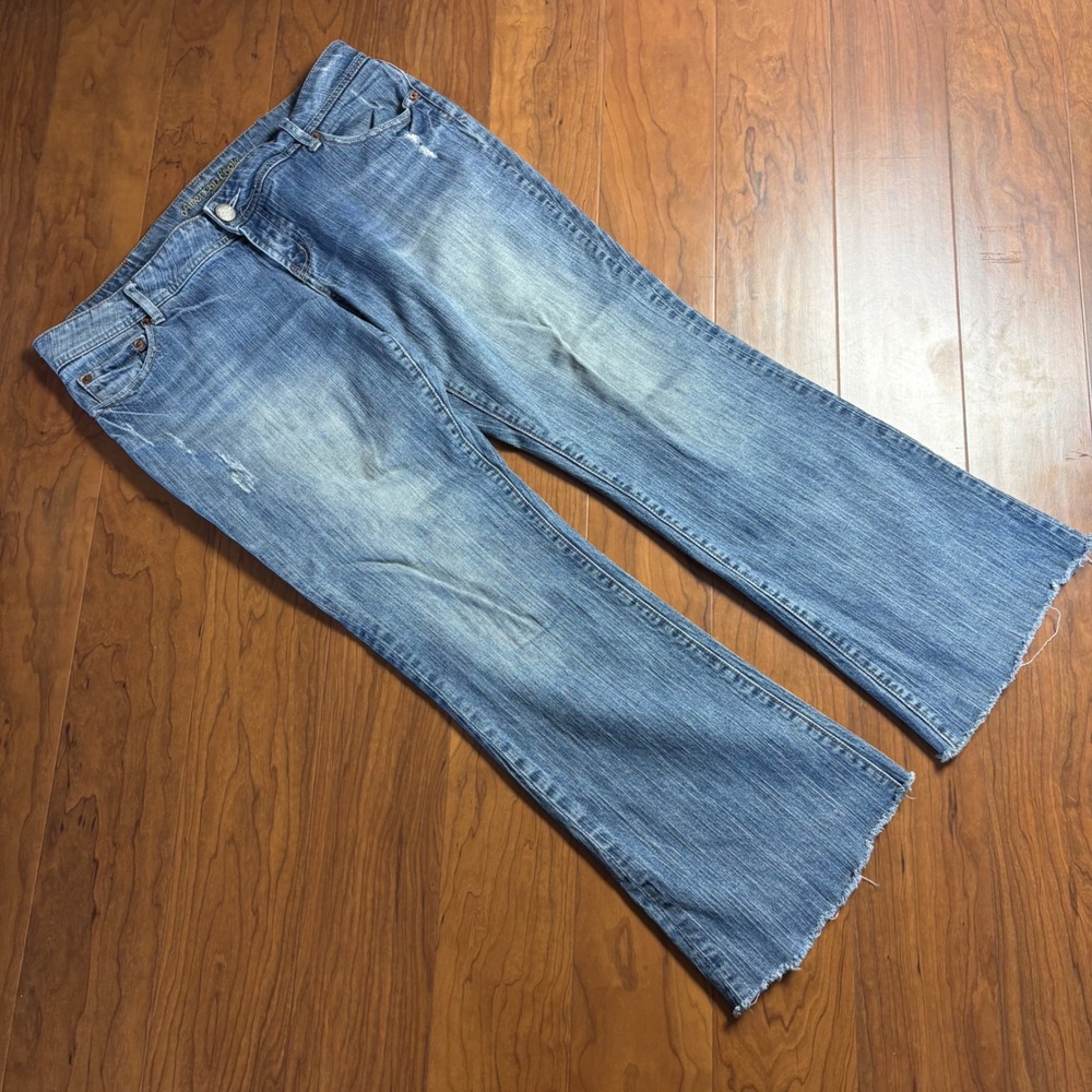 American Eagle Wide Leg Distressed Jeans Medium Wash Raw Hem Size 14 Long